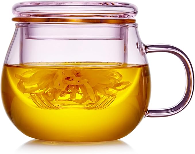 11oz Pink Glass Tea Cup with Infuser and Lid– Versatile and Elegant Gift for Women, Perfect for Loose Leaf Tea and Other Beverages.
