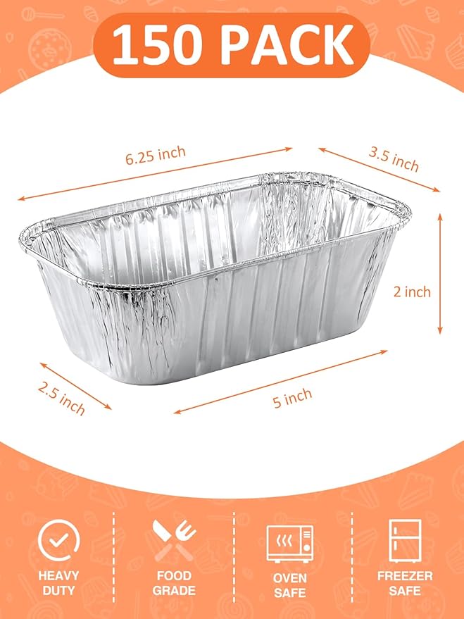 150 Pack 6x3.5x2 Disposable Aluminum Loaf Pans - 1 Lb Mini Loaf Pans, Small Aluminum Tin Foil Baking Pan, Food Containers for Baking, Cakes, Bread, Meat, Loaves