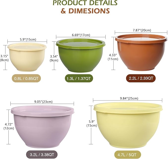 Plastic Mixing Bowls with Lids Set for Kitchen, Nesting Bowls for Mixing, Baking, Prepping, Cooking and Serving Food, Mixing Bowls Dishwasher, Microwave Safe (Yellow green)