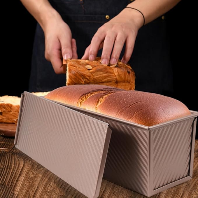 Large Pullman Loaf Pan with Lid, 13 x 4 Inch 2 lbs Non-Stick Rectangle Bread Pan with Lid and Dough Scraper Cutter, Reusable Sourdough Loaf Pan for Homemade Bread & Toast, Rose Gold