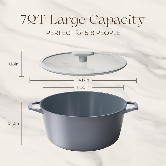 PRICUSIS Ceramic Nonstick Stock Pot with Silicone Rim Glass Lid, 4.5/7 QT Soup Pot Casserole, Cooking Pot, Induction Compatible, Dishwasher & Oven Safe, Ideal for Pasta, Bake & Stews, Blueberry Gray