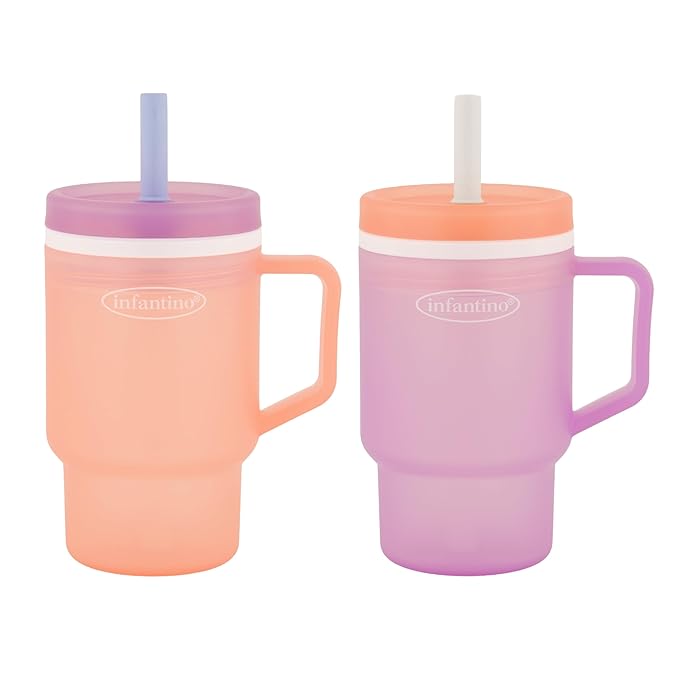 Infantino My 1st Tumbler, Durable Plastic Sippy Cup with Silicone Leak-Resistant Straw & Handle, for On-the-Go, BPA-Free Transition Cup, Seashell & Lavender, 2-Pack