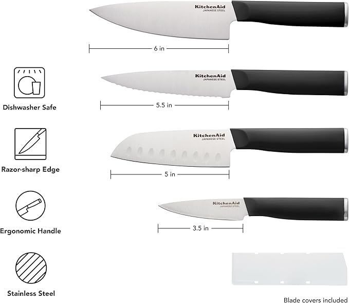 KitchenAid Chef Set with Custom Fit Covers, Sharp Kitchen Knife, High-Carbon Japanese Stainless Steel Blade, 4 Piece, Black