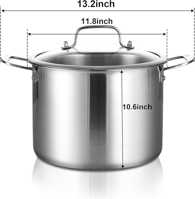 DELARLO Tri-ply Stainless Steel 20QT Stock Pot, Compatible with All Stoves Up to 600℉, 18/10 Induction Big Cooking Pot with Lid, Fast & Even Heating, Durable Large Soup Pot