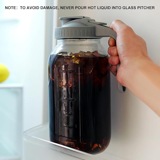 2 Pack 64 oz Glass Pitcher with Lid for Fridge, Half Gallon Pitcher with Lid, Leak Proof, Wide Mouth, 1/2 Gallon Glass Juice Jug for Ice Tea and Coffee (Black+Gray)