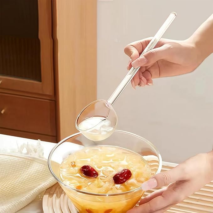 2 Pcs 9.65” Heat Glass Ladle, High Temperature Borosilicate Glass Mixing Utensil Ladle With Pourable Mouth Can Be Heated Directly With Open Flame for Home Kitchen Banquet Restaurant Soup Spoon