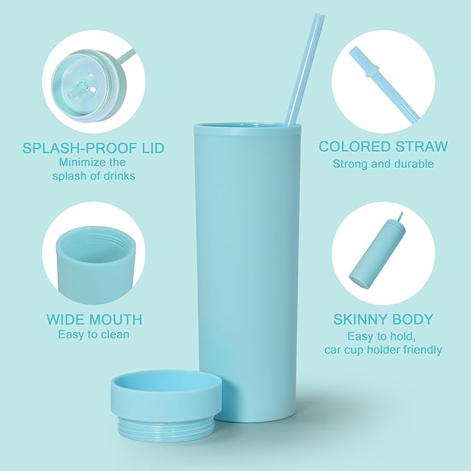 sweet grain Skinny Tumblers with Lids and Straws(6 Pack) - 16oz Matte Pastel Colored Skinny Acrylic Tumblers, Double Wall Plastic Tall Skinny Tumblers Bulk for Cold Hot Drinks - Sky Blue
