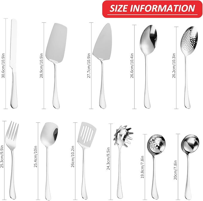 Stainless Steel Kitchen Utensils Set 11 Pcs Cooking Utensils Hostess Serving Heat Resistant Kitchen Essentials Metal Kitchen Gadgets Accessories,for Buffet,Wedding,Party Dishwasher Safe
