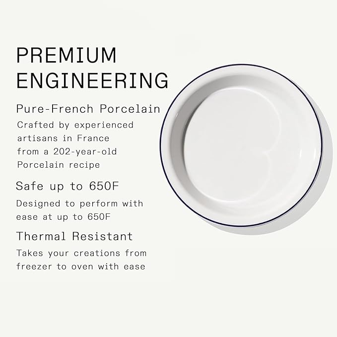 Made In Cookware | 9" Pie Dish | Navy Rim | Handcrafted Porcelain | Professional Bakeware | Crafted in France