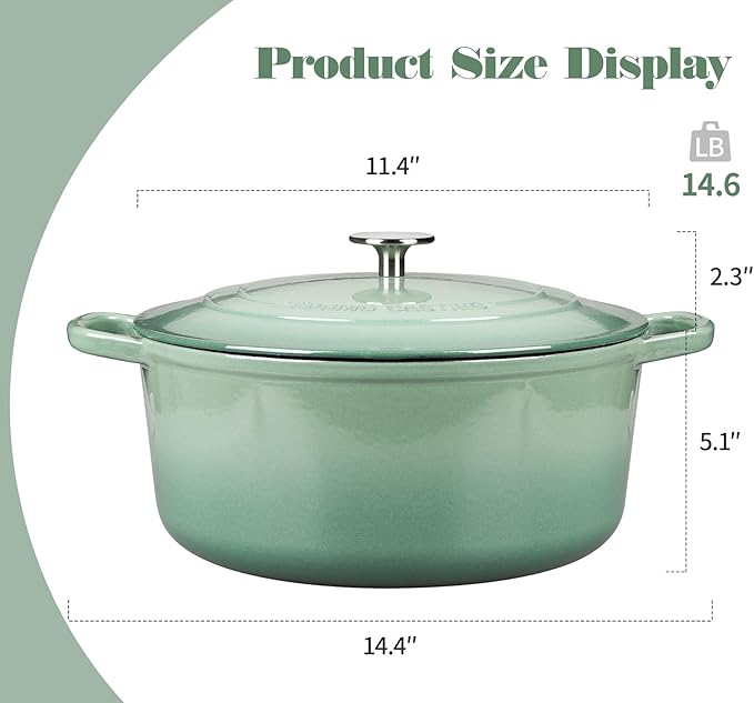 Enameled Dutch Ovens Cast Iron Dutch Oven Pot with Lid for Bread Baking, Cook, Dual Handle, 7 Quart, Sage Green