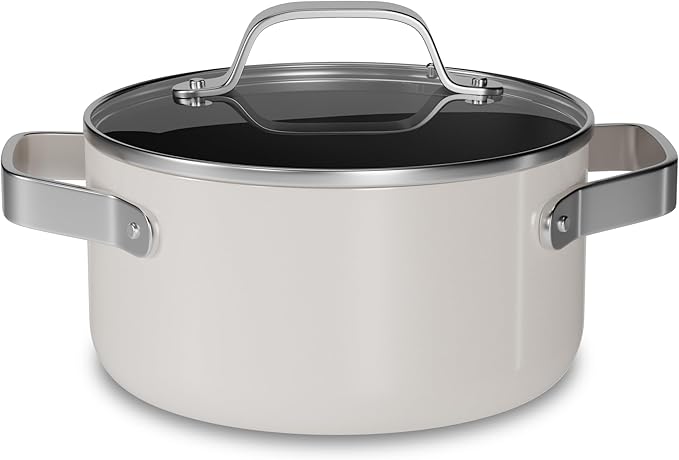 Bakken 3 Quart Ceramic Coated Stock Pot with Lid, Easy to Clean Nonstick Pot, Tempered Glass Lid, Riveted Stainless Steel Handles, Oven Safe Up To 500°F, PTFE & PFAS Free, All Stove Compatible, Cream