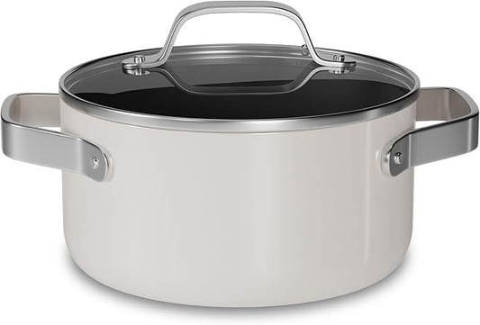 Bakken 3 Quart Ceramic Coated Stock Pot with Lid, Easy to Clean Nonstick Pot, Tempered Glass Lid, Riveted Stainless Steel Handles, Oven Safe Up To 500°F, PTFE & PFAS Free, All Stove Compatible, Cream