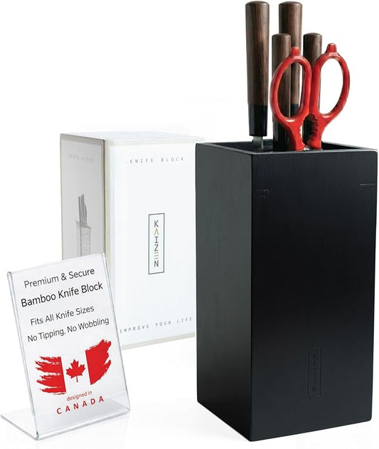 KAIZEN Bamboo Knife Block Without Knives - Perfectly Sized Universal Knife Holder for Knives, Scissors - Unique Knife Storage for Counter Top with Anti-Slip Base (Black)