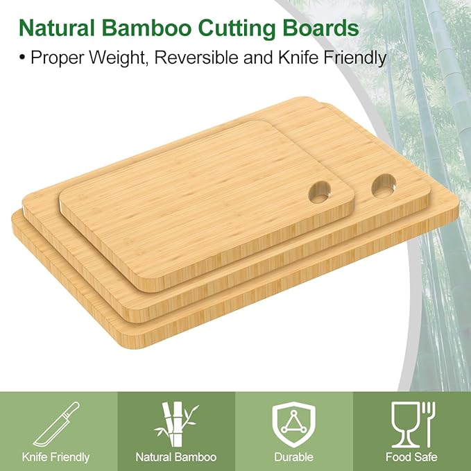 Wood Cutting Boards for Kitchen, Cutting Board Set of 3 Chopping Board for Meat/Vegetables/Cheese Knife Friendly Serving Tray with Holes