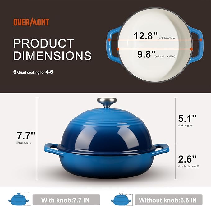Overmont Enameled Cast Iron Bread Oven - 6QT Bread Dutch Oven for Sourdough Bread Baking - Bread Pot with Dome Lid Cotton Potholders & Cookbook - Multi-Functional Bread Pan For Baking Frying Roasting