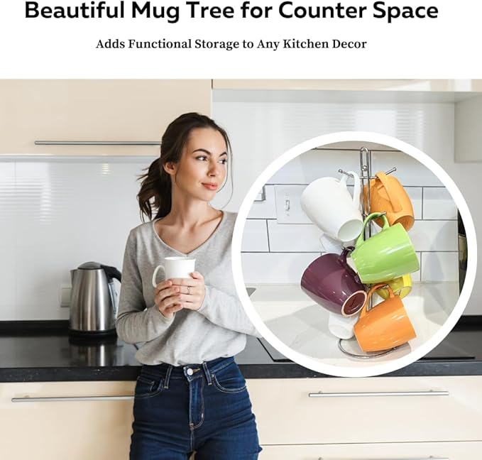 Evelots Coffee Cup Holder for Kitchen Countertop - Tree Hooks Hold 8 Large Mugs - Tea Cup Storage Rack - Sturdy Rust Free Steel - Chrome Finish - Coffee Counter Bar Display, Stand - Come in One Piece