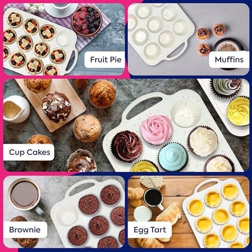 RICCLE Silicone Muffin Pans for Baking with Metal Reinforced Frame, 12-Cup Cupcake Pan, 2 Pcs Muffin Trays for Cupcake Baking, Tray Molds, Oven & Dishwasher Safe, BPA-Free (2 x Standard)