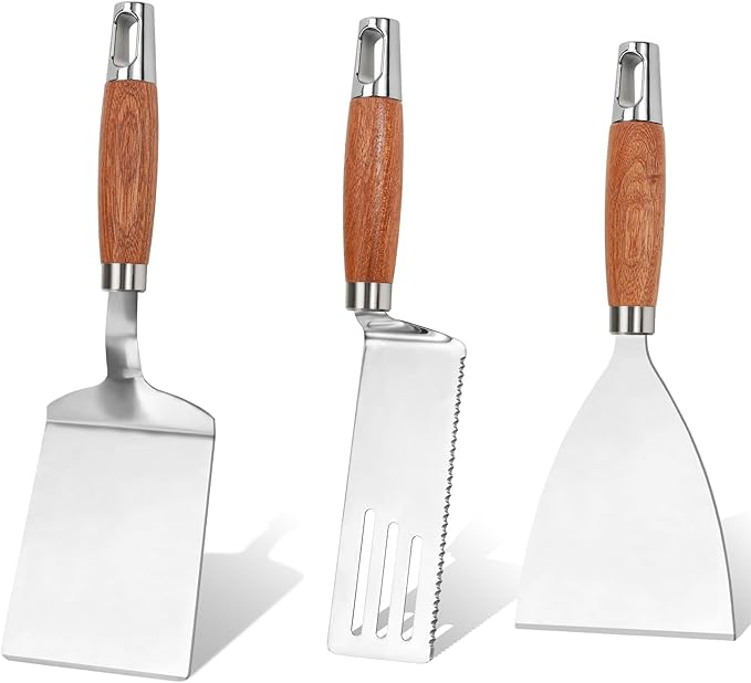 Stainless Steel Spatula Set of 3, Metal Spatulas for Cast Iron Skillet, Heavy Duty Spatulas for Kitchen Use with Wooden Handle, Griddle Grill Spatula Flipper for Pancake, Fish, Smash Burger, Egg