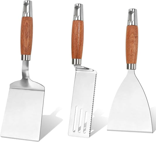 Stainless Steel Spatula Set of 3, Metal Spatulas for Cast Iron Skillet, Heavy Duty Spatulas for Kitchen Use with Wooden Handle, Griddle Grill Spatula Flipper for Pancake, Fish, Smash Burger, Egg