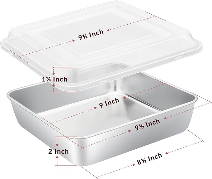 E-far 9 Inch Square Cake Pan with lid, 9x9 Baking Brownie Pans Stainless Steel Bakeware Set of 2, Non-toxic & Healthy, Easy Clean & Dishwasher Safe - 4 Pieces(2 Pans + 2 Lids)