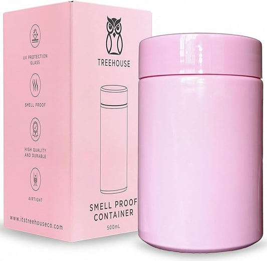 Treehouse Smell Proof Container (500mL) for Herbs, Spices, Coffee, Teas & More, Double Sealed Air Tight Jar, Thick UV Protection Glass, Smell Proof Herb Storage, x2 Resealable Smell Proof Bags (Pink)