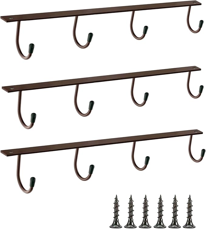 Mugs Hooks 3 Pcs Mug Holder Under Cabinet Coffee Hooks for Mugs Iron Hanging Mug Rack Under Shelf Kitchen Dining Bar Organizer Rack - Bronze