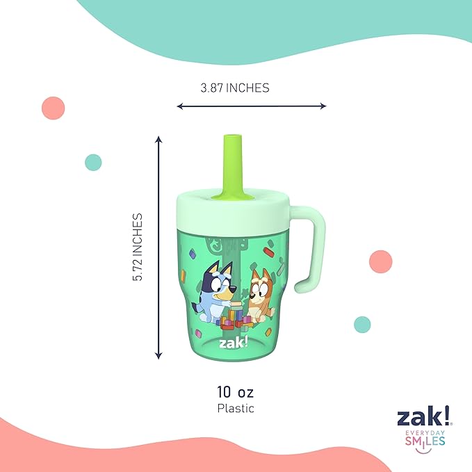 Zak Designs Bluey Capri Toddler Tumbler For Travel or At Home, 10oz 2-Pack Durable Plastic Sippy Cups With Handle and Leak-Proof Design are Perfect For Kids (Bluey and Bingo)