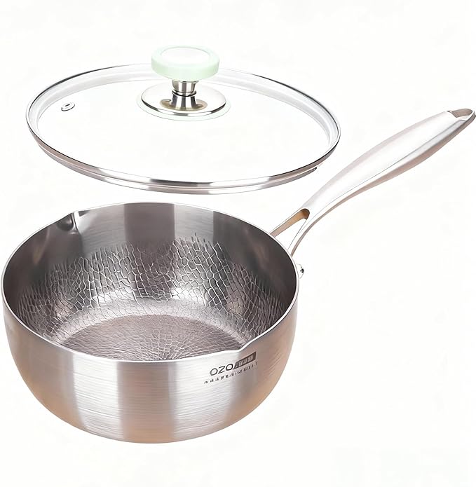 Titanium Saucepan with Lid, Non-Stick Titanium Pot, 500°F Heat Resistant, Fast & Even Heating, Universal Induction Gas Electric Glass Halogen Cooktops, Dual-Pour Spouts Design（2 QT)
