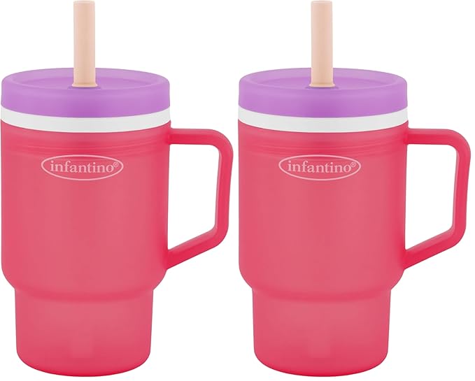 Infantino My 1st Tumbler, Durable Plastic Sippy Cup with Straw & Handle, Spill-Resistant, for On-The-Go, BPA-Free Transition Baby Cup, Hibiscus (Pack of 2)