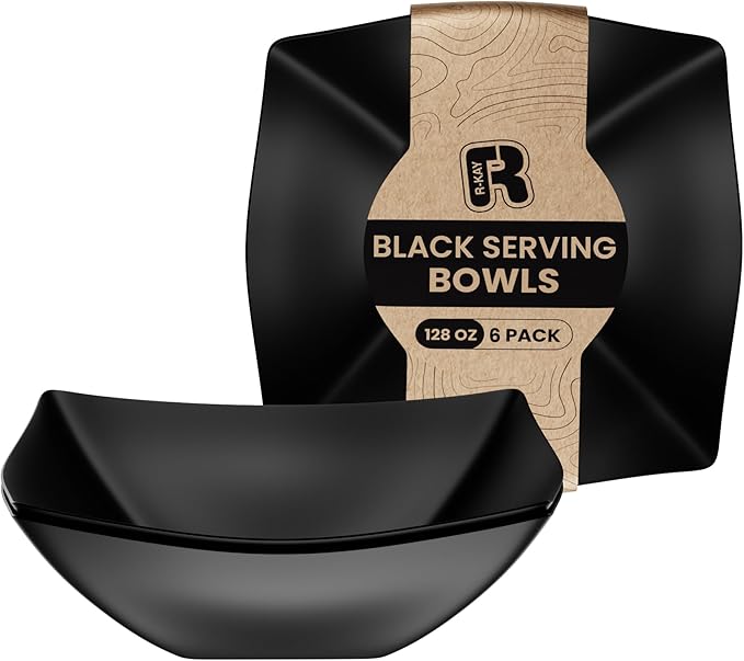 R-kay 6 Pack Square Extra Large Plastic Black Serving Bowls -128 Oz Black Plastic bowls - Salad Bowls Large Serving, Premium Heavy Duty For Weddings Catering And Birthday parties