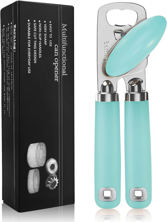 Can Opener Manual, Heavy Duty Stainless Steel Smooth Edge Can Openers With Soft Touch Handle, Oversized Handheld Easy Turn Knob, Multi-Function Bottle Opener, Aqua Sky