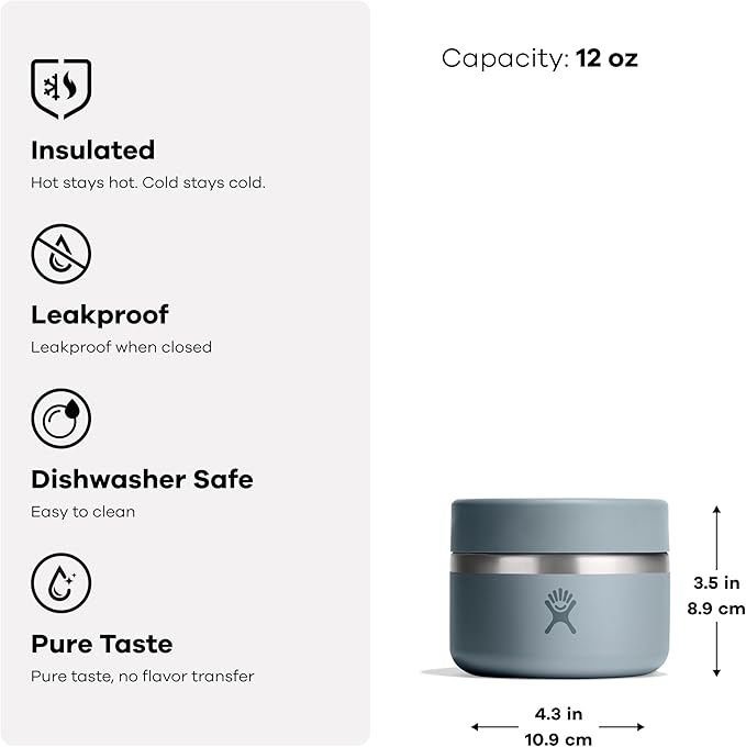 Hydro Flask Food Jar – Insulated Stainless Steel, Snack Travel Container for Hot Food & Soup 12 Oz Shale Gray