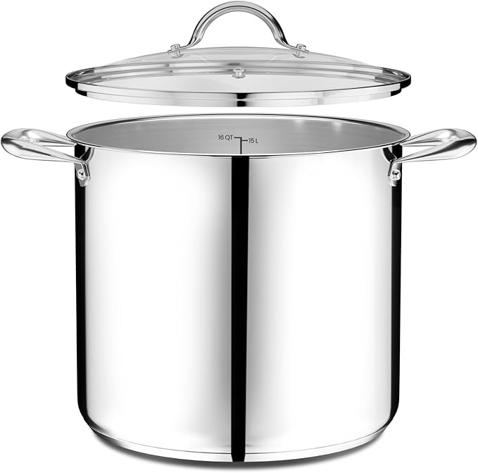 Stainless Steel Stockpot with Tempered Glass Lid 12 Quart, Durable 18/0 Stainless Steel, Impact-Bonded Base for Even Heating, Riveted Handles, Oven & All Stove Compatible, Safe Up To 500°F (260°C)