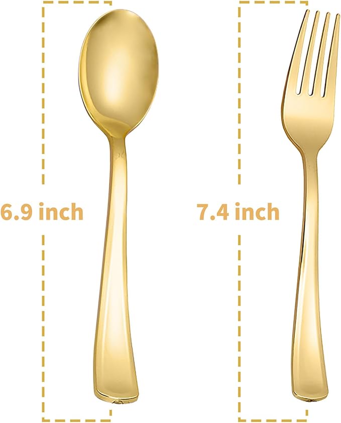 N9R 100PCS Gold Plastic Silverware, Heavy Duty Disposable Cutlery Set for Parties, Disposable Plastic Spoons and Forks Includes 50 Gold Spoons and 50 Forks for Wedding, Birthday, Dinner