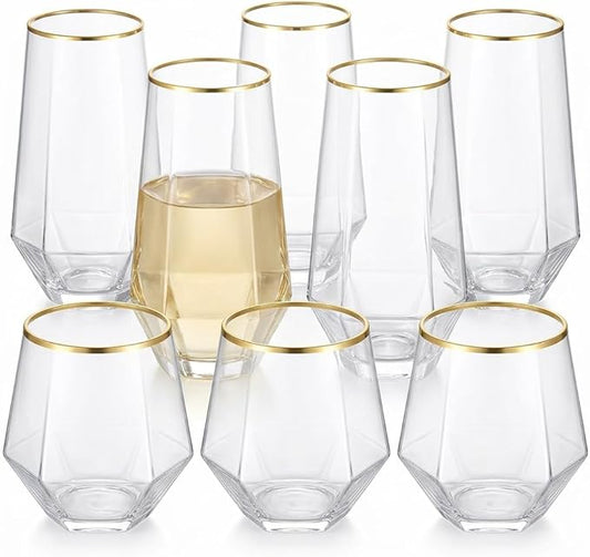 48 Pack Diamond Gold Rim Unbreakable Stemless Plastic Glasses 24 9oz Stemless Champagne Flutes & 24 12oz Cups BPA-Free, Disposable, Shatterproof Drinkware for Weddings, Bars, Events and parties