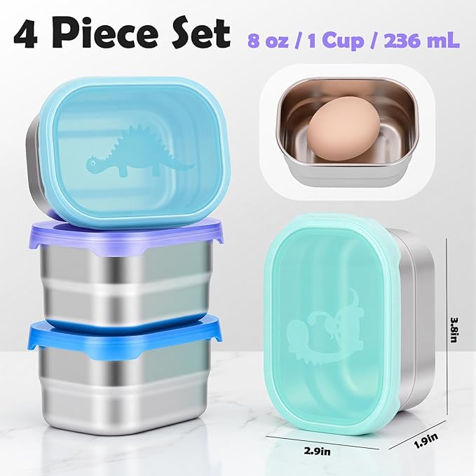 4×8oz Small Stainless Steel Snack Containers for Kids & Toddlers - 230mL Leakproof Food Containers with Cute Dino Lids | LFGB Certified, Stackable Metal Snack Box for Daycare, School, Travel
