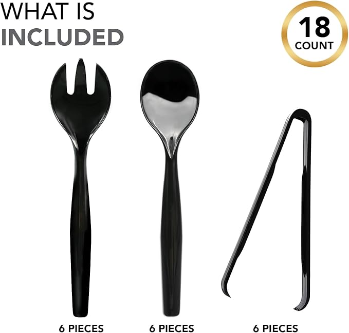 Party Essentials Disposable Heavy Duty Plastic Serving Utensils for Buffets Events Parties, 6-Sets of Spoons/Forks/Tongs, Black