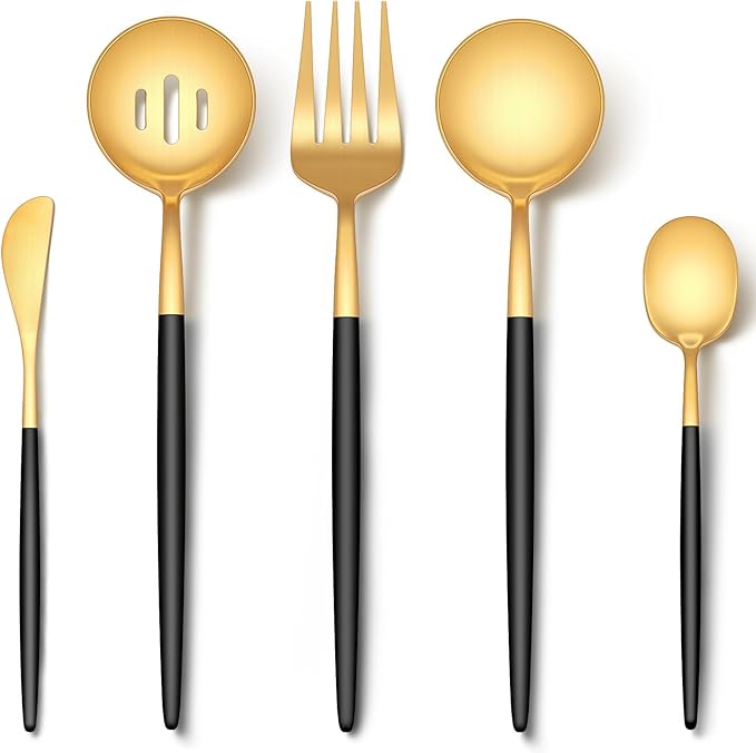 EUIRIO 5PCS Large Serving Utensils Set, Matte Black Gold Flatware Serving Utensils, Heavy Duty Stainless Steel Serving Spoon, Slotted Spoon, Serving Fork, Sugar Spoon&Butter Knife, Dishwasher Safe