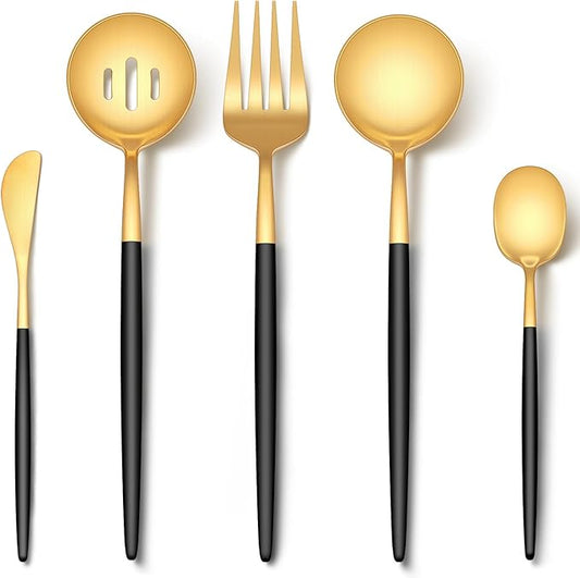 EUIRIO 5PCS Large Serving Utensils Set, Matte Black Gold Flatware Serving Utensils, Heavy Duty Stainless Steel Serving Spoon, Slotted Spoon, Serving Fork, Sugar Spoon&Butter Knife, Dishwasher Safe