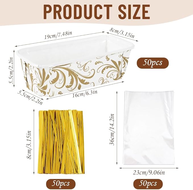50 PCS Paper Loaf Pans for Baking, 6.3 x 2.2 x 2.2 Inch Small Disposable Baking Pans with Clear Plastic Bags and Ties, Rectangle Paper Bread Pans for Cake Bread Oven Loaf Bakery, White