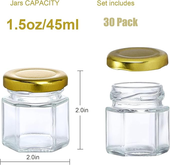 30 Pack 1.5 oz Mini Honey Jars with Dipper, Honey Jar Party Favors, Glass Hexagon Honey Jar for Wedding Favors