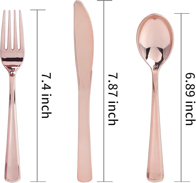 WDF 120 Pieces Rose Gold Plastic Silverware- Disposable Flatware Set-Heavyweight Plastic Cutlery- Includes 40 Forks, 40 Spoons, 40 Knives for Baby Shower Wedding Spring Mother's Day Party