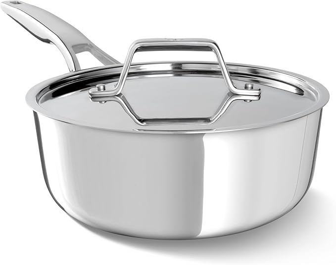 Calphalon Premier Polished 5-Ply Stainless Steel Cookware w/Turbo Heat Tech 2.5Qt Chef's Pan with Lid, Induction, Oven Safe 500F, PFOA Free, Polished Stainless Silver