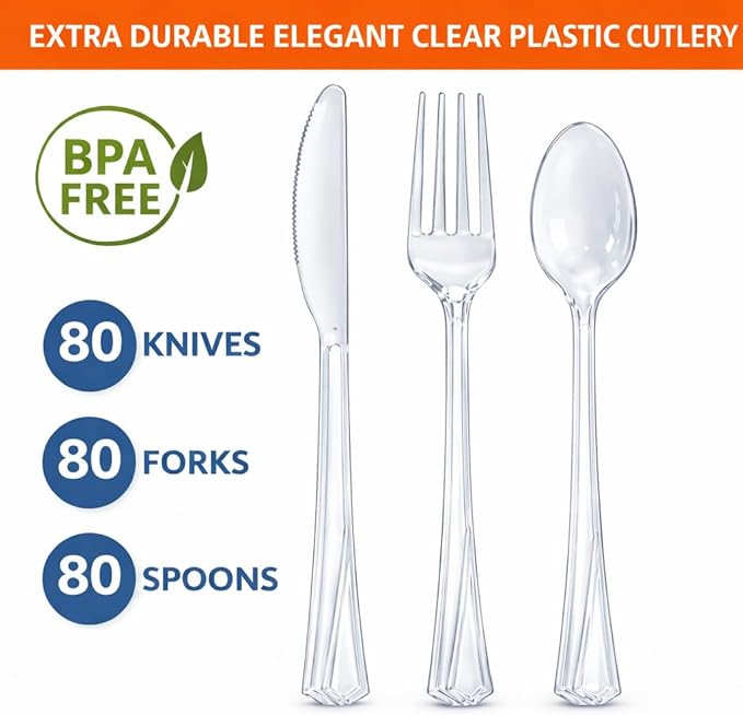 Hanna K. Signature 240 Count Clear Plastic Silverware Set, Heavyweight Elegant Disposable Cutlery Combo, 80 Forks, 80 Spoons, 80 Knives