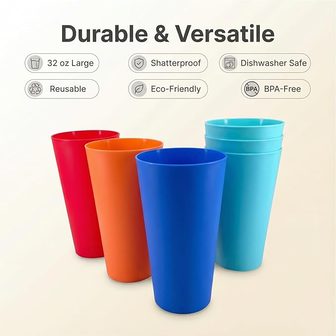 32 oz Large Plastic Cups Reusable, Big Drinking Cups for Kitchen, Stackable Water Tumblers, BPA-free, Dishwasher Safe, Unbreakable Bright Colors set of 12 Indoor Outdoor Use
