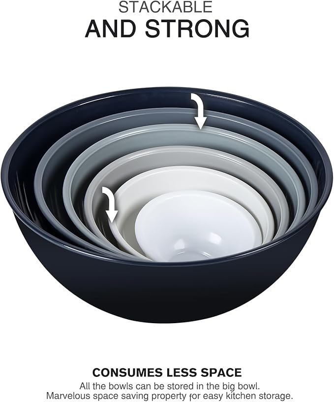 5-Piece Plastic Mixing Bowls with Lids Set for Kitchen, Nesting Bowls for Mixing, Baking, Prepping, Cooking and Serving Food, Mixing Bowls Dishwasher, Microwave Safe (Gray)