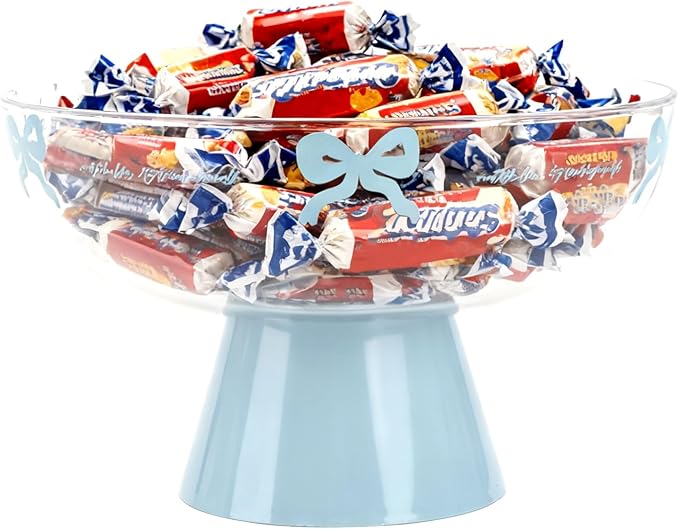 Candy Bowl with Pedestal Base, Decorative Clear Plastic Bowl with Cute Pattern for Candy, Fruit, Vegetable, Coffee Pods, 9.5x9.5x6 Inches (Blue)