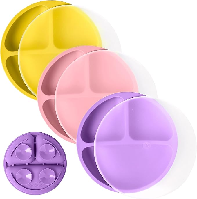 WeeSprout Suction Plates with Lids for Babies & Toddlers - 100% Silicone, Dinnerware Stays Put, Divided Design for Picky Eaters, Microwave & Dishwasher Friendly, 3 Pack