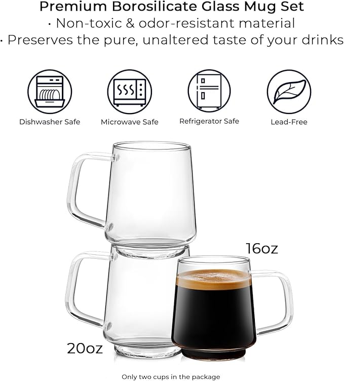 Aquach 16 Oz Glass Coffee Tea Cups, Clear Mugs with Handle, Microwave and Dishwasher safe Home Office Mug Perfect for Americano Latte Hot Beverages, 2-Pack