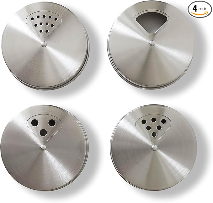 Mason Jar Spice Shaker Lids Stainless Steel – 4 Pack Adjustable Spice Lids for Mason Jars Wide Mouth – Seasoning Salt Pepper Dispenser Tops for Ball Canning Jars